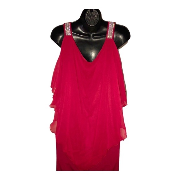EnFocus red sheer cape sequin strap cold shoulder elegant plus size dress 14W - Picture 7 of 16